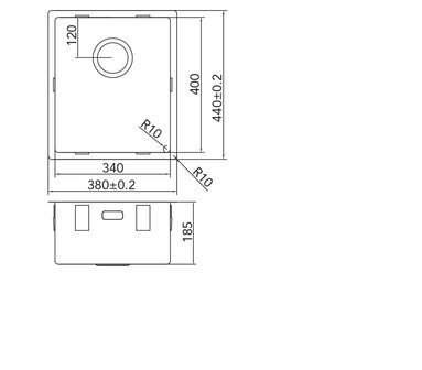 Werktekening Caressi CA34R10 RVS Spoelbak