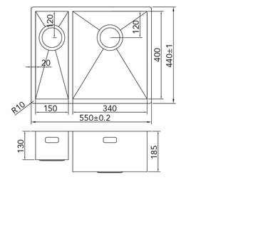 Werktekening Caressi CA1534R6R0 RVS Spoelbak