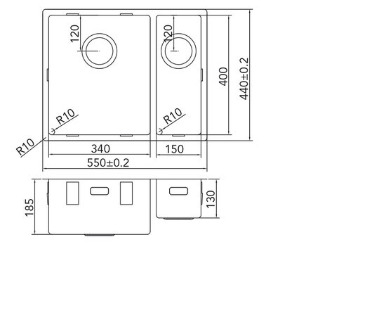 Werktekening Caressi CA3415R10 RVS Spoelbak