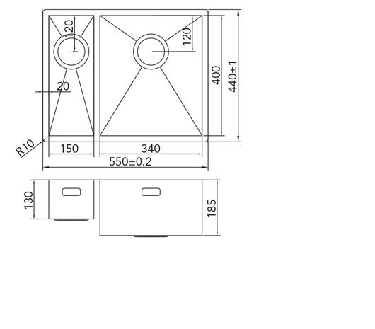 Werktekening Caressi CA1534R6R0 RVS Spoelbak