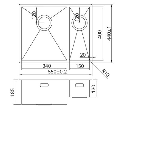 Werktekening Caressi CA3415R6R0 RVS Spoelbak