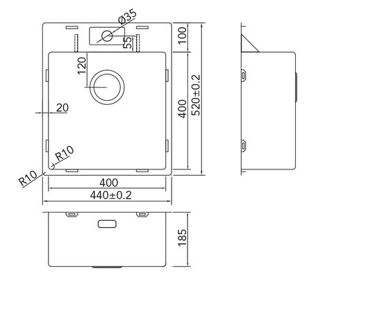 Werktekening Caressi CA40KR10 RVS Spoelbak Met Kraangat