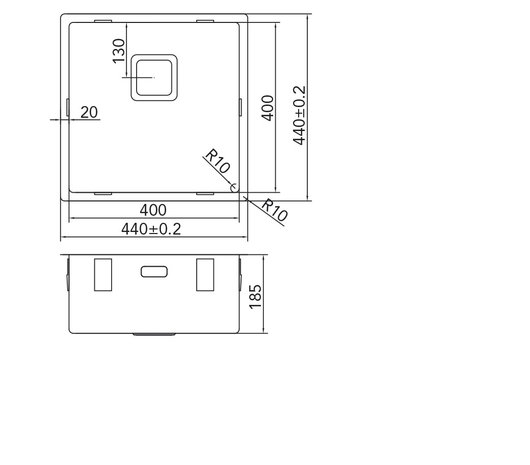 Werktekening Caressi CA40Q10 RVS Spoelbak