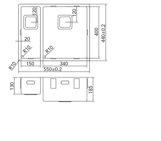 Werktekening Caressi 1534Q10 RVS Spoelbak