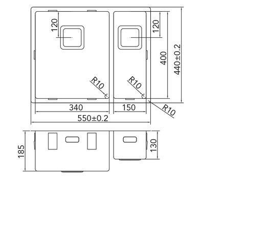 Werktekening Caressi 3415Q10 RVS Spoelbak